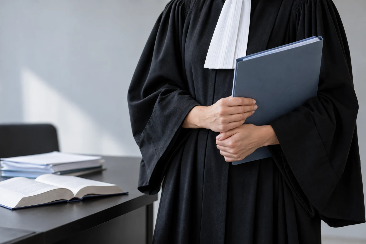 Illustration d’une professionnelle en robe d’avocat tenant un dossier, sans visage identifiable